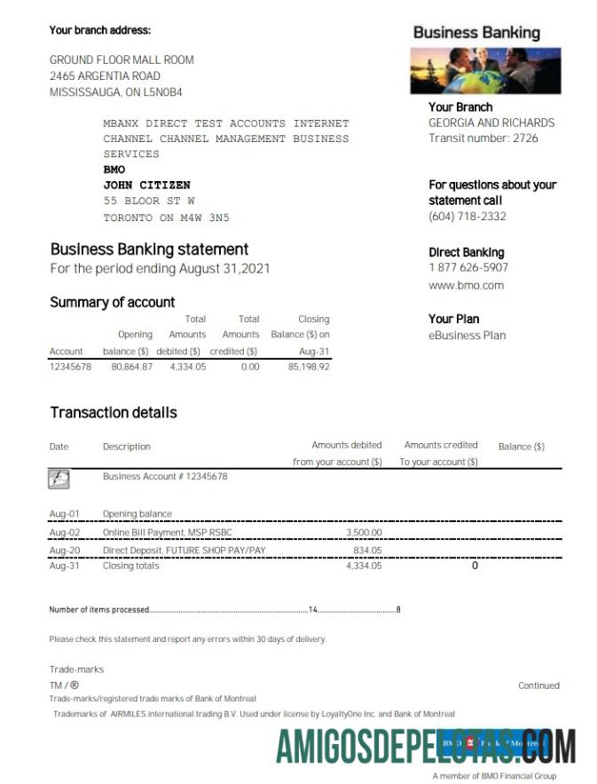 modelo de comprovante de endereço do banco EUA BMO Bank Of Montreal em branco em formato Excel e PDF